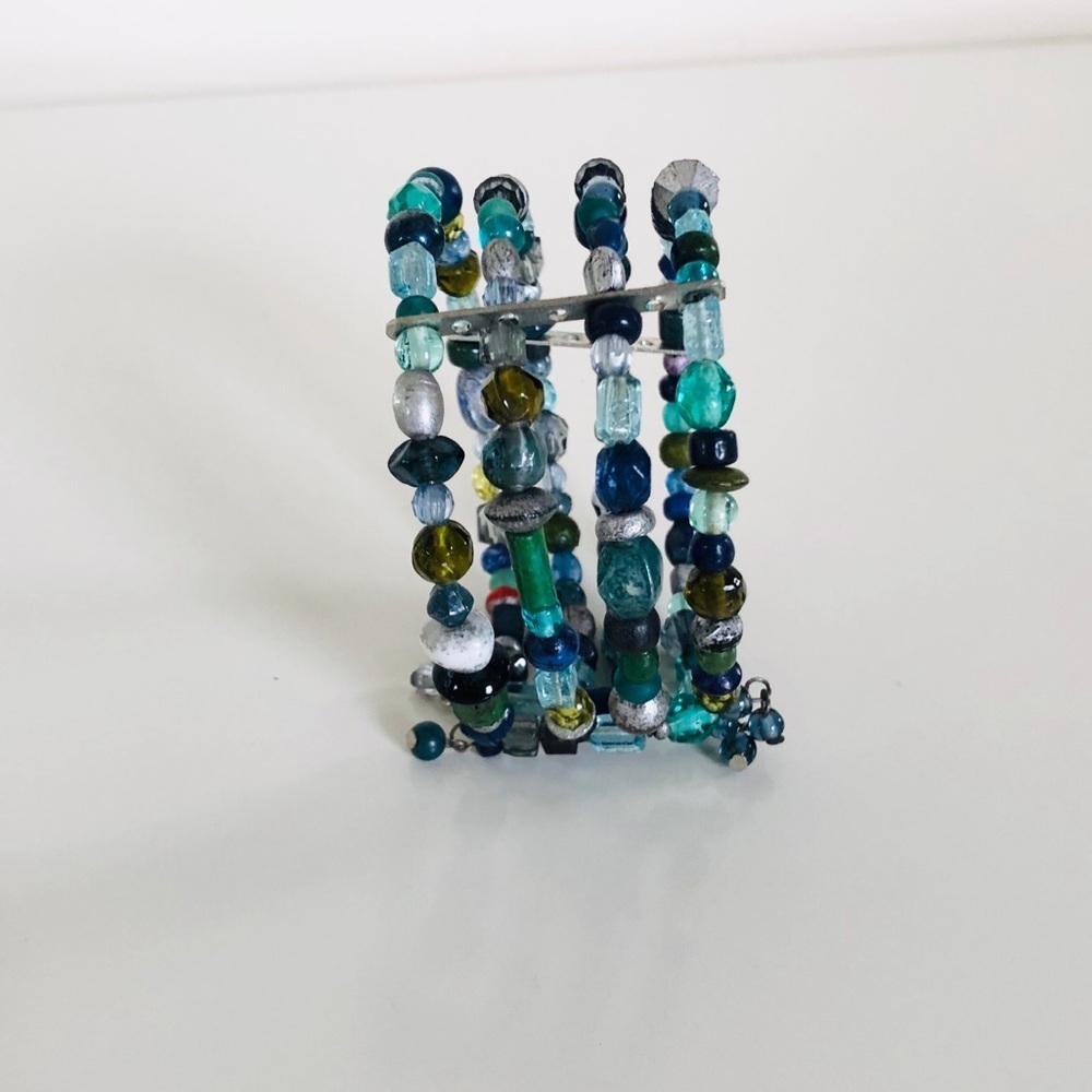 Beaded Flexible Cuff Bracelet with Blue & Green Multicolored Beads - Picture 3 of 8
